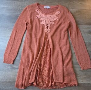 Pretty Angel Burnt Orange Floral Lacy Knit Boho Whimsical Fairy Tunic Sweater